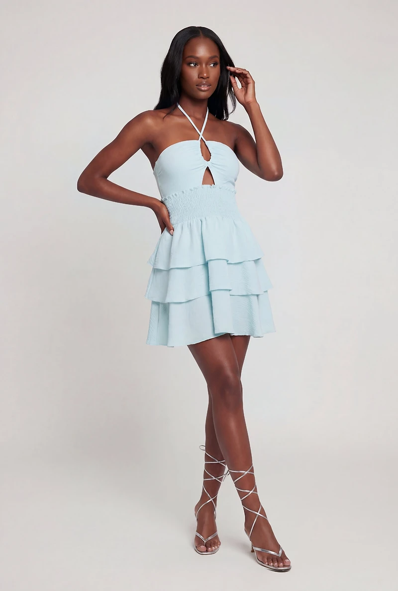 Crepe Knit Ruffle Tiered Smocked Halter Dress