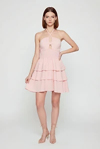 Crepe Knit Ruffle Tiered Smocked Halter Dress