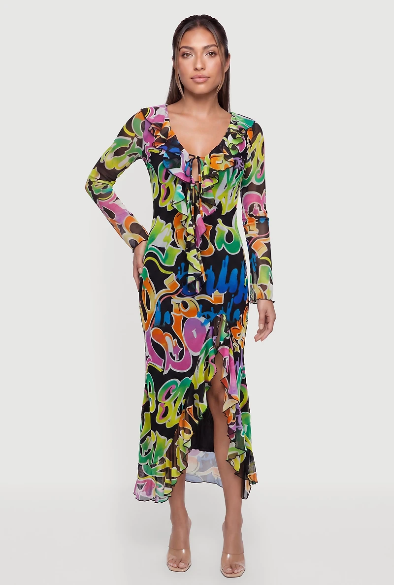 Graffiti Mesh Tie Front Maxi Dress