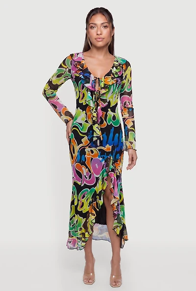 Graffiti Mesh Tie Front Maxi Dress