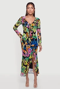 Graffiti Mesh Tie Front Maxi Dress