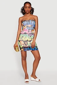 Graffiti Print Mesh Tube Dress