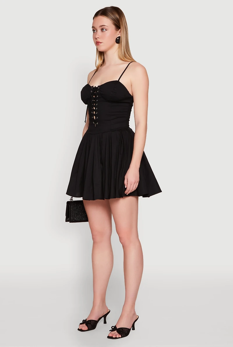 Womens Lace Up Bustier Skater Dress, Black, Size L