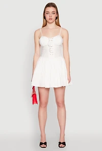 Womens Lace Up Bustier Skater Dress, White, Size XL