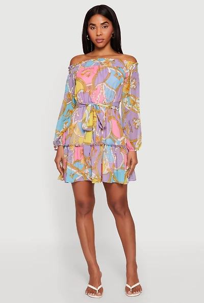 Chain Print Off The Shoulder Tie Waist Belted Dress