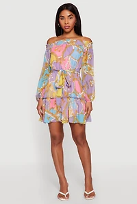 Chain Print Off The Shoulder Tie Waist Belted Dress