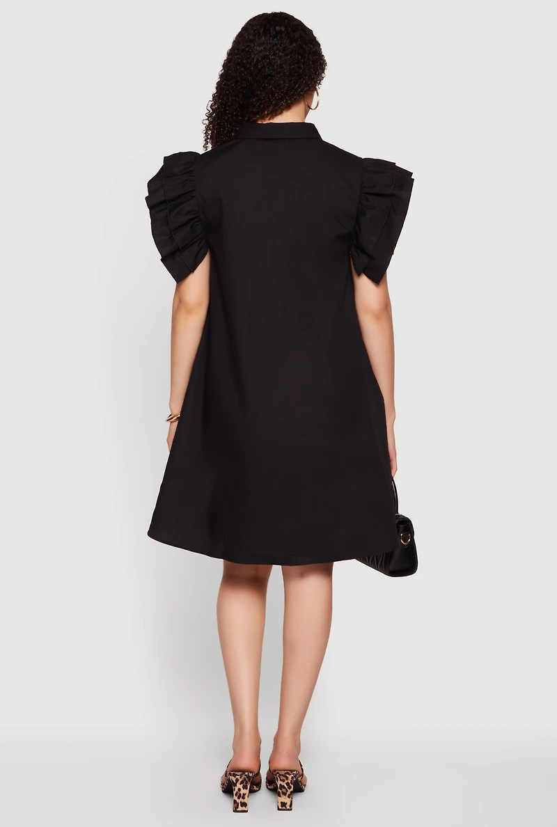 Tiered Ruffle Sleeve Poplin Button Front Dress
