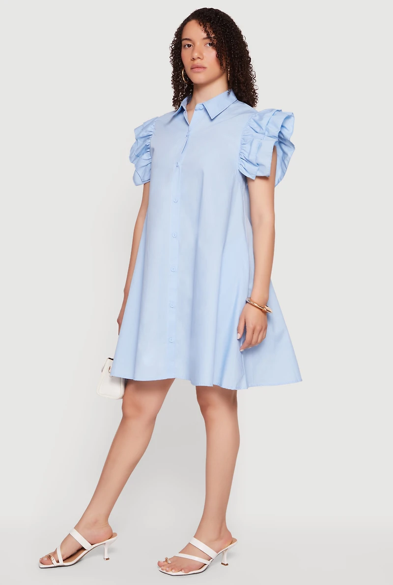 Tiered Ruffle Sleeve Poplin Button Front Dress