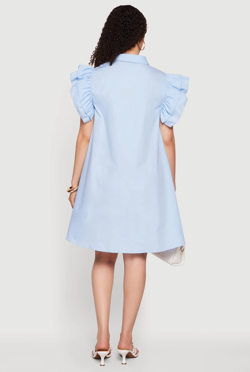 Tiered Ruffle Sleeve Poplin Button Front Dress
