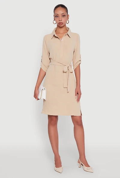 Womens Airy Three Quarter Tabbed Sleeve Belted Shirt Dress, Beige, Size L
