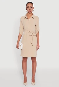 Womens Airy Three Quarter Tabbed Sleeve Belted Shirt Dress, Beige, Size L