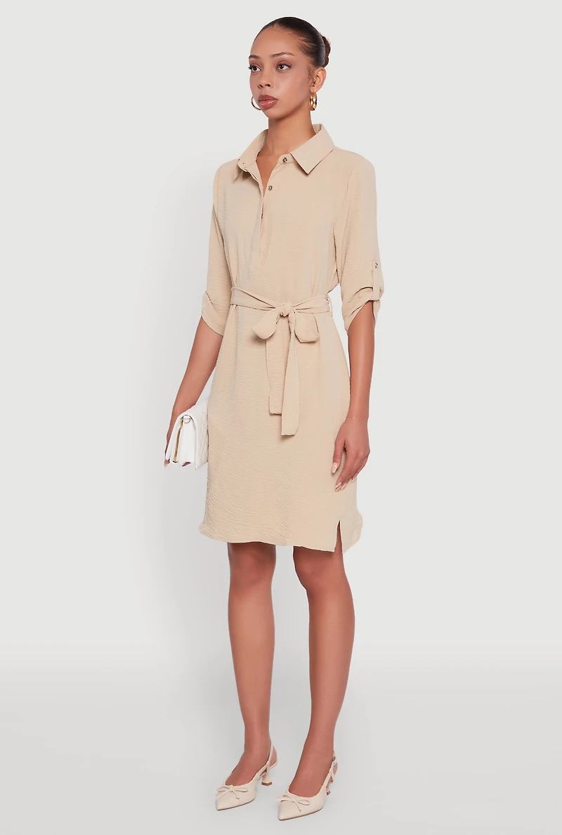 Womens Airy Three Quarter Tabbed Sleeve Belted Shirt Dress, Beige, Size L