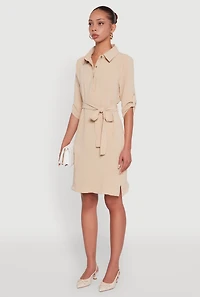 Womens Airy Three Quarter Tabbed Sleeve Belted Shirt Dress, Beige, Size S