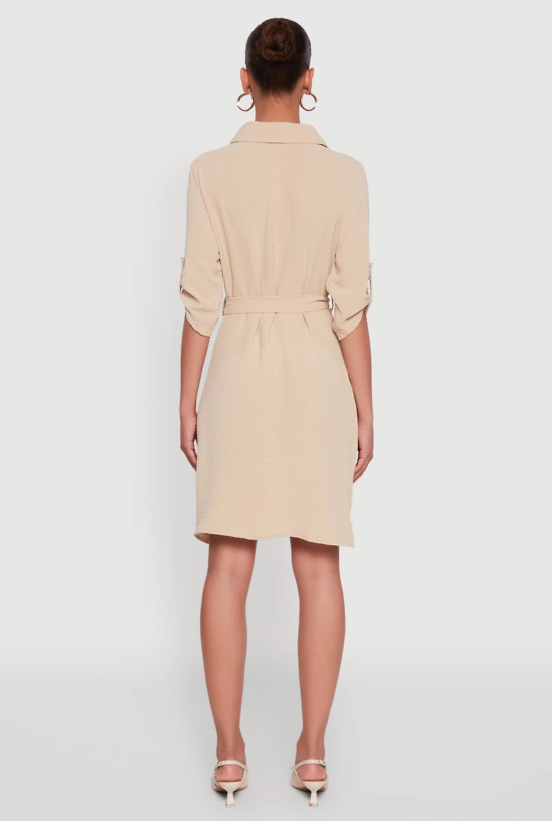 Womens Airy Three Quarter Tabbed Sleeve Belted Shirt Dress, Beige, Size L