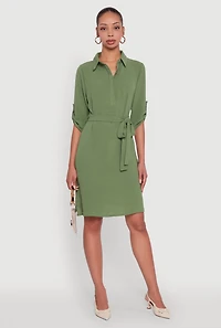 Womens Airy Three Quarter Tabbed Sleeve Belted Shirt Dress, Green, Size M