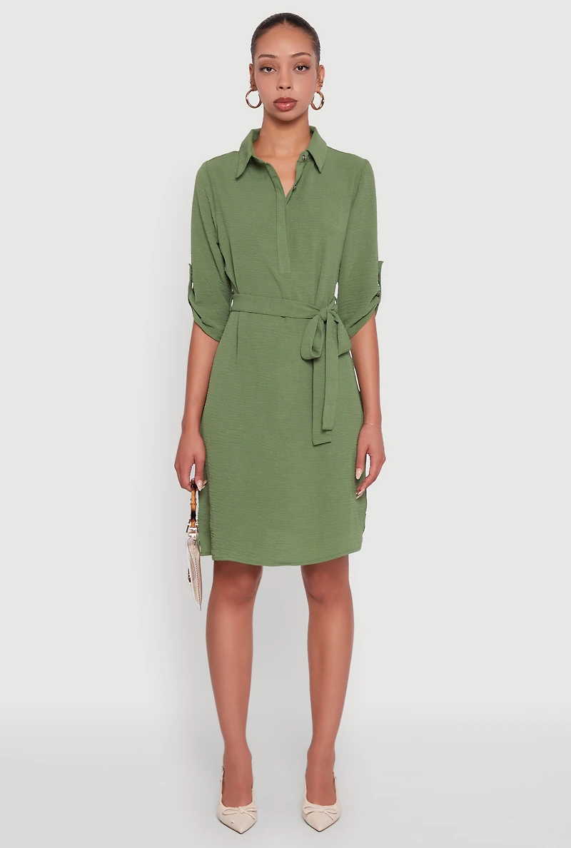 Womens Airy Three Quarter Tabbed Sleeve Belted Shirt Dress,