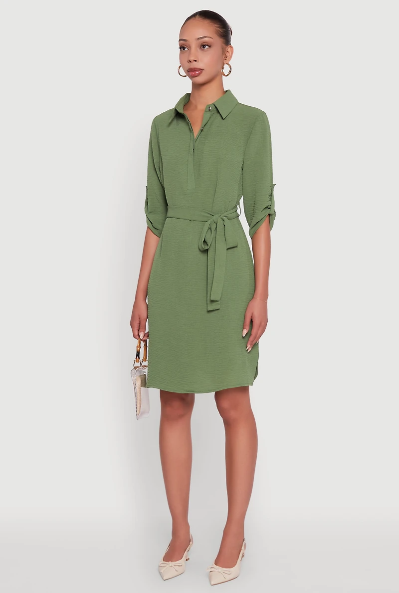 Womens Airy Three Quarter Tabbed Sleeve Belted Shirt Dress, Green, Size M