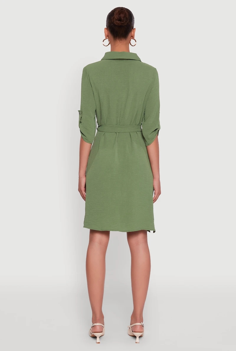 Womens Airy Three Quarter Tabbed Sleeve Belted Shirt Dress, Green, Size M