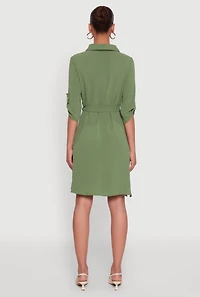 Womens Airy Three Quarter Tabbed Sleeve Belted Shirt Dress, Green, Size M