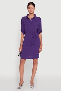 Womens Airy Three Quarter Tabbed Sleeve Belted Shirt Dress, Purple, Size M