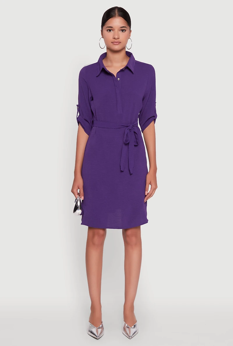Womens Airy Three Quarter Tabbed Sleeve Belted Shirt Dress, Purple, Size M
