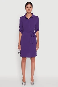 Womens Airy Three Quarter Tabbed Sleeve Belted Shirt Dress, Purple, Size M