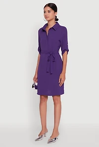 Womens Airy Three Quarter Tabbed Sleeve Belted Shirt Dress, Purple, Size M