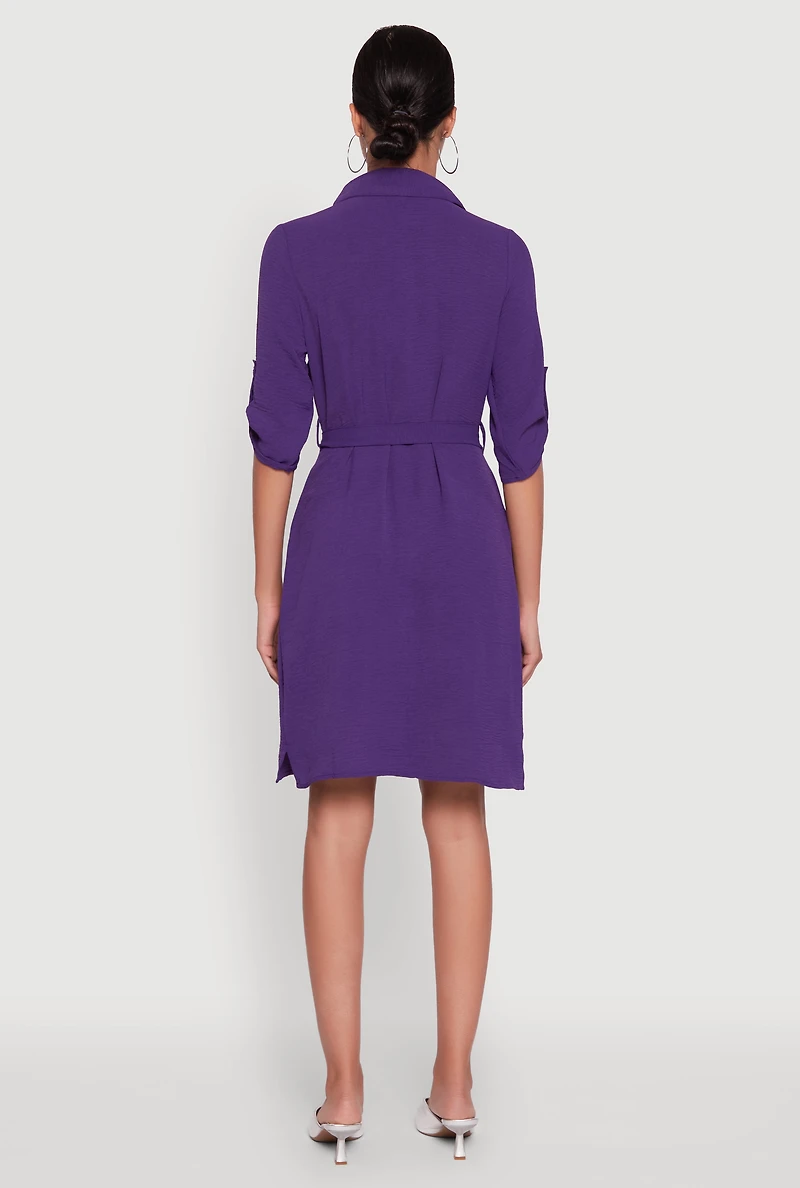 Womens Airy Three Quarter Tabbed Sleeve Belted Shirt Dress, Purple, Size M