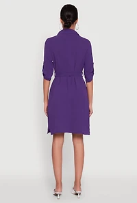 Womens Airy Three Quarter Tabbed Sleeve Belted Shirt Dress, Purple, Size M