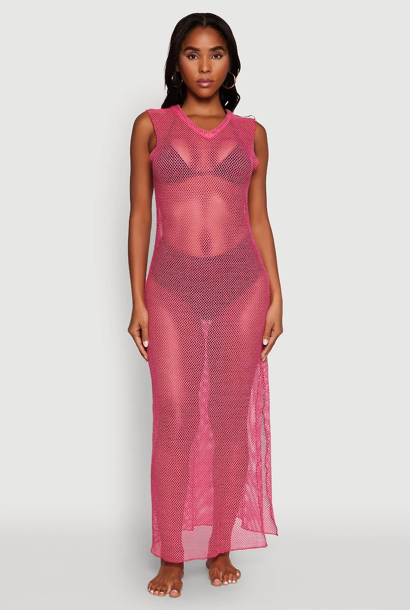 Womens V Neck Side Slit Fishnet Cover Up Dress, Pink, Size S