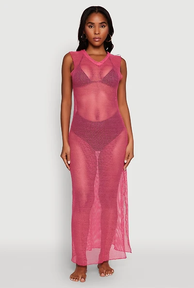 Womens V Neck Side Slit Fishnet Cover Up Dress, Pink, Size S