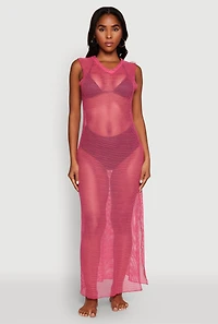 Womens V Neck Side Slit Fishnet Cover Up Dress, Pink, Size S
