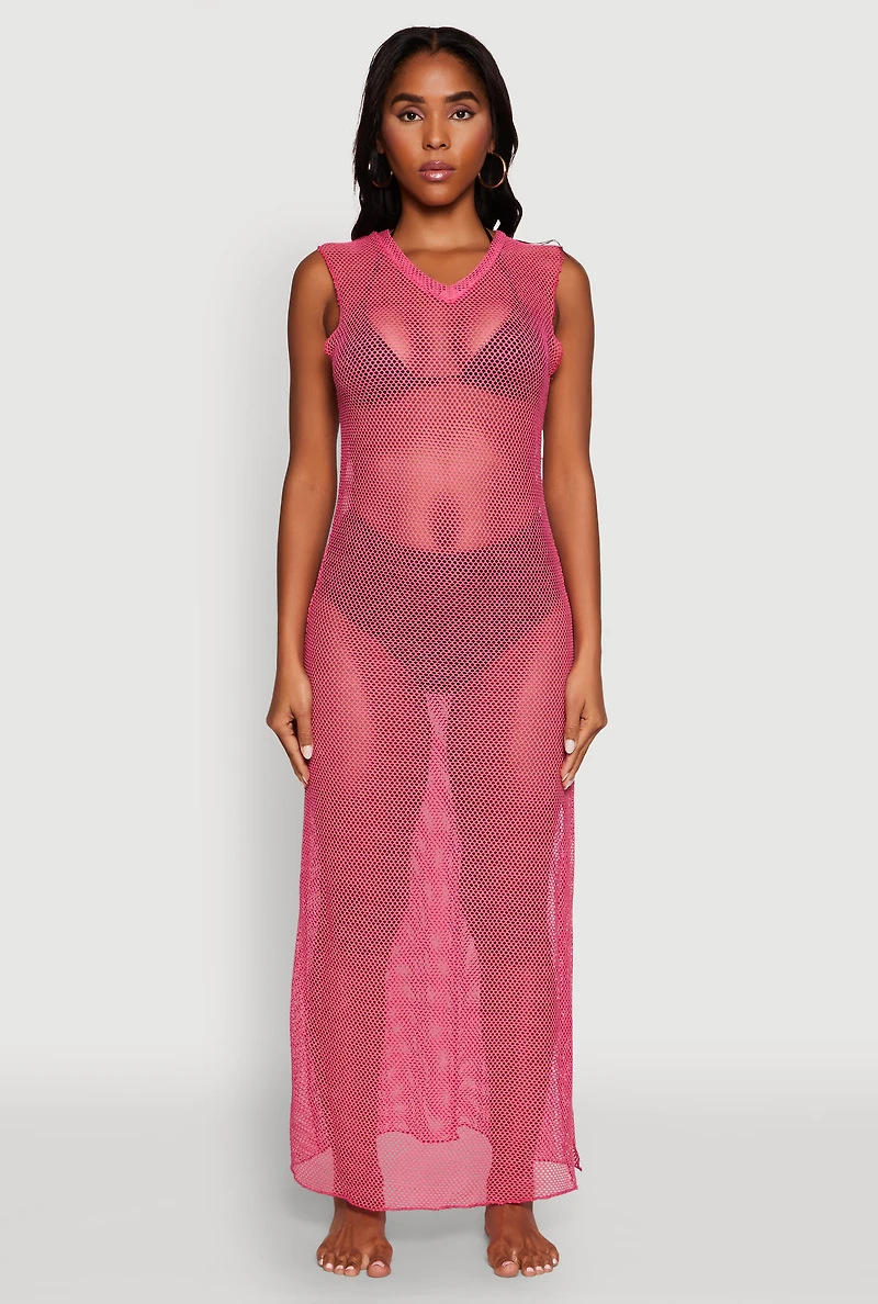 Womens V Neck Side Slit Fishnet Cover Up Dress, Pink, Size S