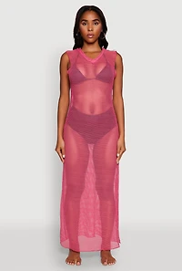 Womens V Neck Side Slit Fishnet Cover Up Dress, Pink, Size S