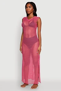 Womens V Neck Side Slit Fishnet Cover Up Dress, Pink, Size S