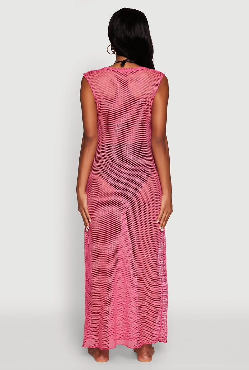 Womens V Neck Side Slit Fishnet Cover Up Dress, Pink, Size S