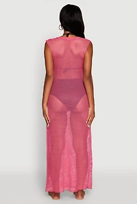 Womens V Neck Side Slit Fishnet Cover Up Dress, Pink, Size S