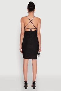 Womens Sleek Lace Up Tie Back Ruched Bodycon Dress, Black, Size M