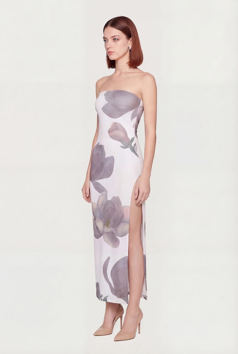 Strapless Floral Maxi Dress with Side Slit