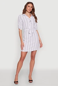 Womens Airy Striped Tie Waist Mini Shirt Dress, White, Size L