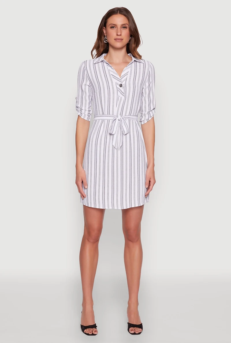 Womens Airy Striped Tie Waist Mini Shirt Dress, White, Size L