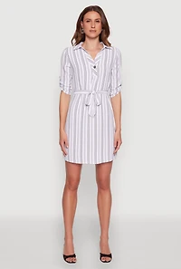 Airy Striped Tie Waist Mini Shirt Dress