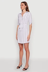 Womens Airy Striped Tie Waist Mini Shirt Dress, White, Size L