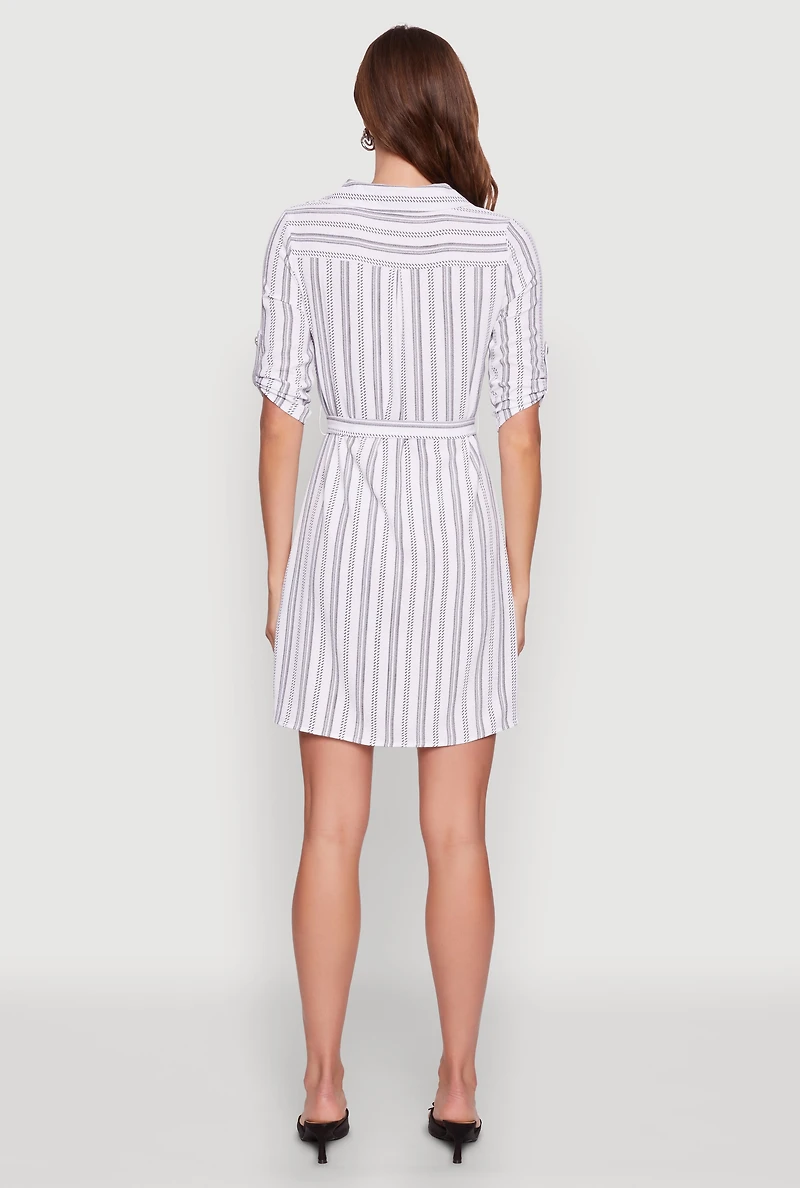 Womens Airy Striped Tie Waist Mini Shirt Dress, White, Size L