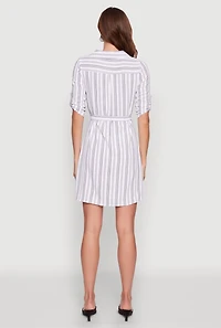 Womens Airy Striped Tie Waist Mini Shirt Dress, White, Size L