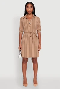Womens Airy Striped Tie Waist Mini Shirt Dress,