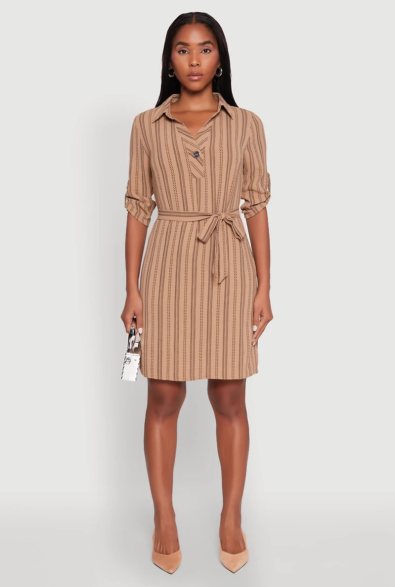 Womens Airy Striped Tie Waist Mini Shirt Dress,