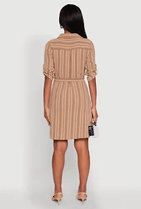 Womens Airy Striped Tie Waist Mini Shirt Dress,