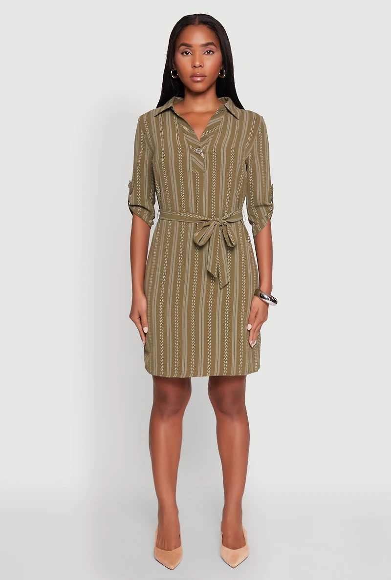 Womens Airy Striped Tie Waist Mini Shirt Dress, Green, Size S