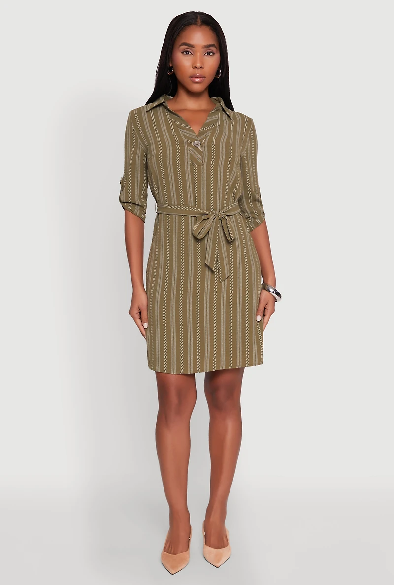 Womens Airy Striped Tie Waist Mini Shirt Dress, Green,
